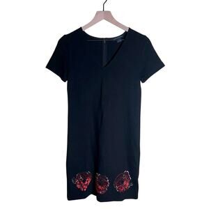 FRENCH CONNECTION black zip up dress with beaded rose details 0